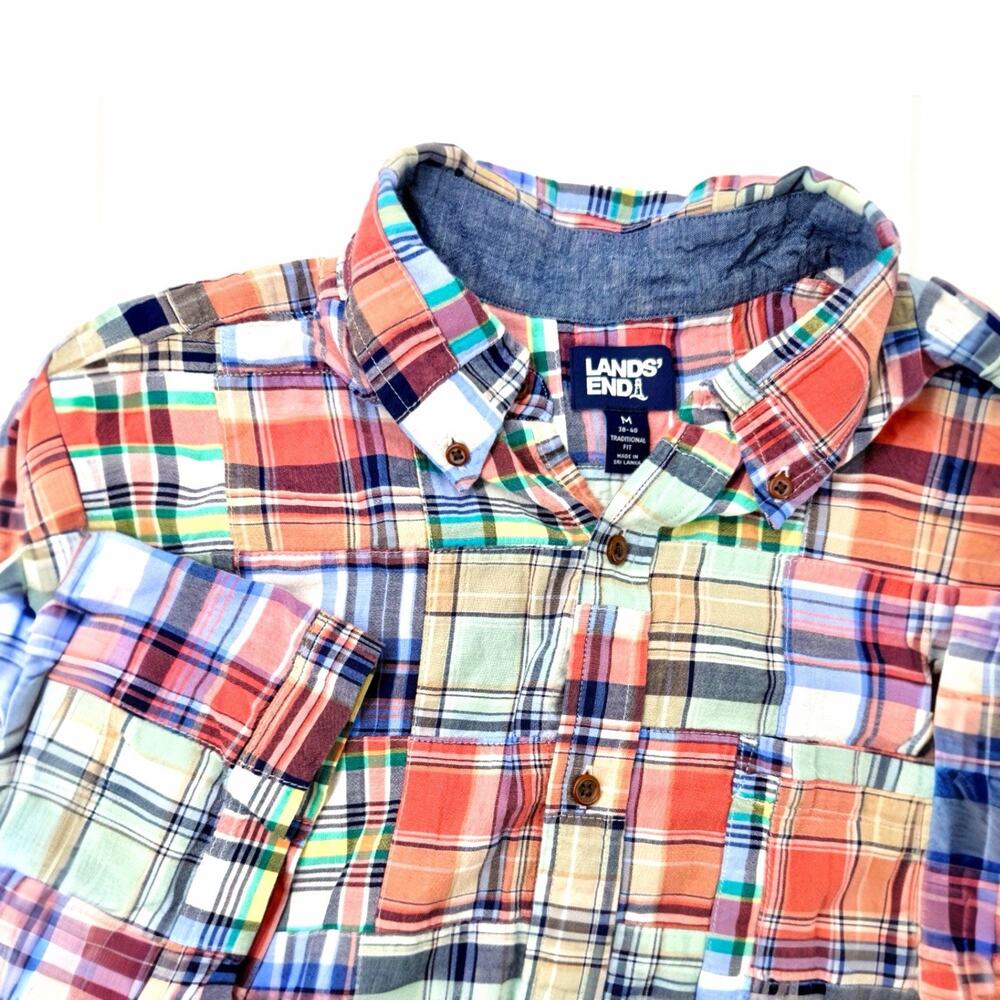 Men's Lands'‎ End Madras Patchwork Plaid Short Sleeve Shirt M Coastal Preppy